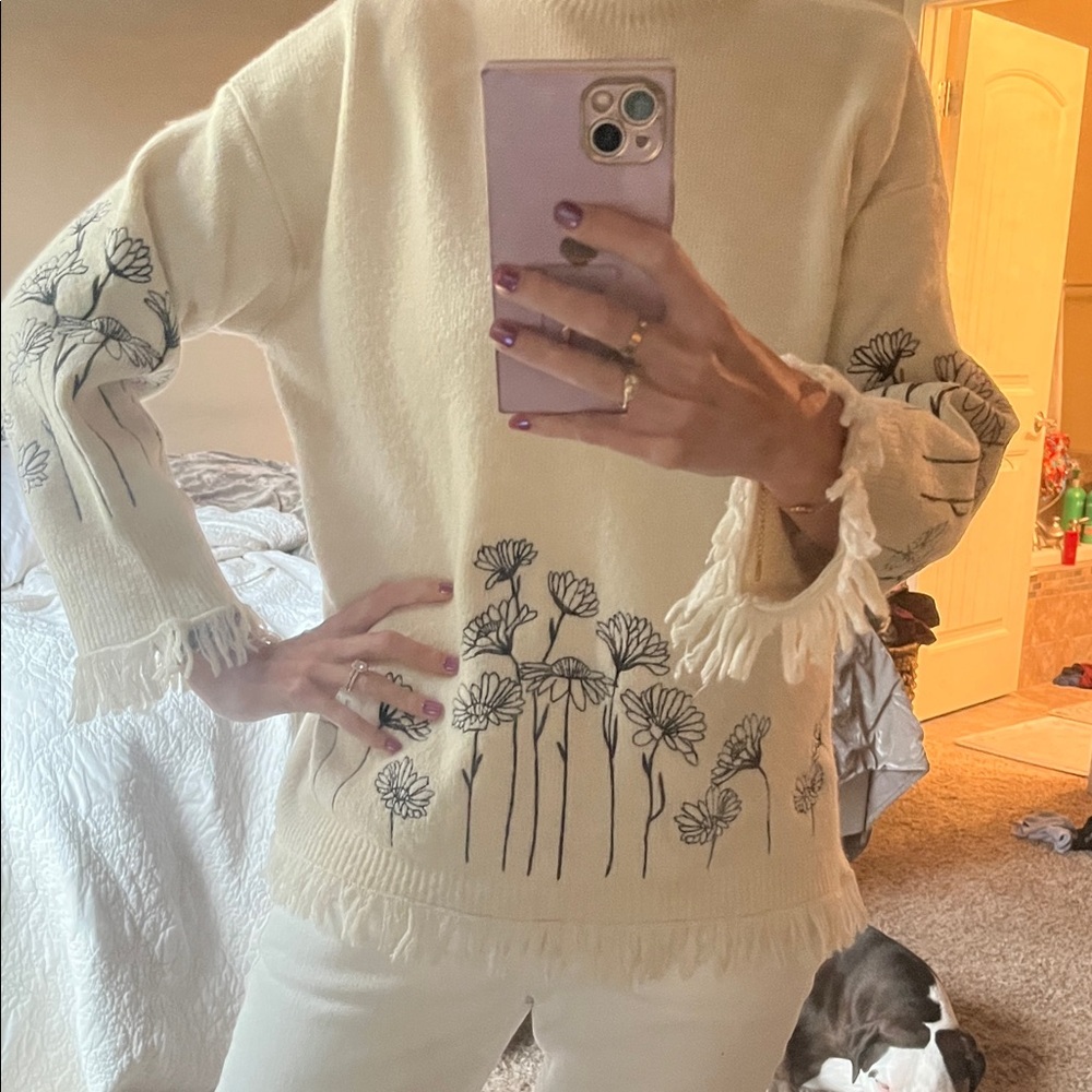 Floral Embroidered Cream Turtleneck Sweater